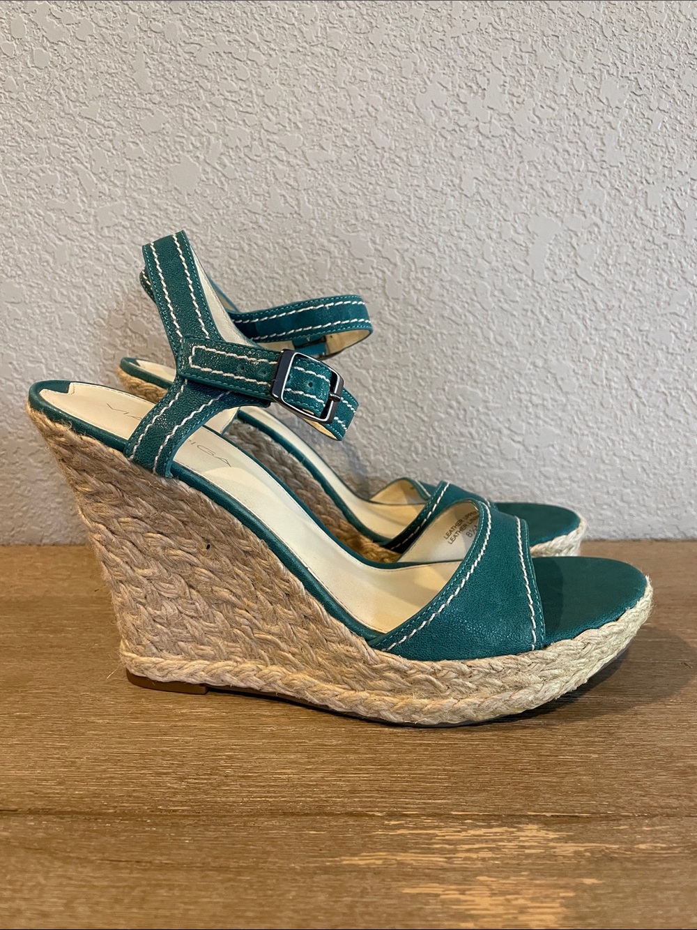 Like New Via Spiga Teal Suede Espadrille Wedge Sandals